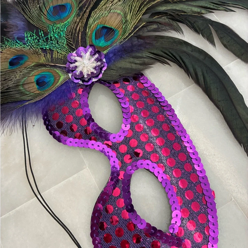 Purple Sequin Peacock Feather Masquerade Mask